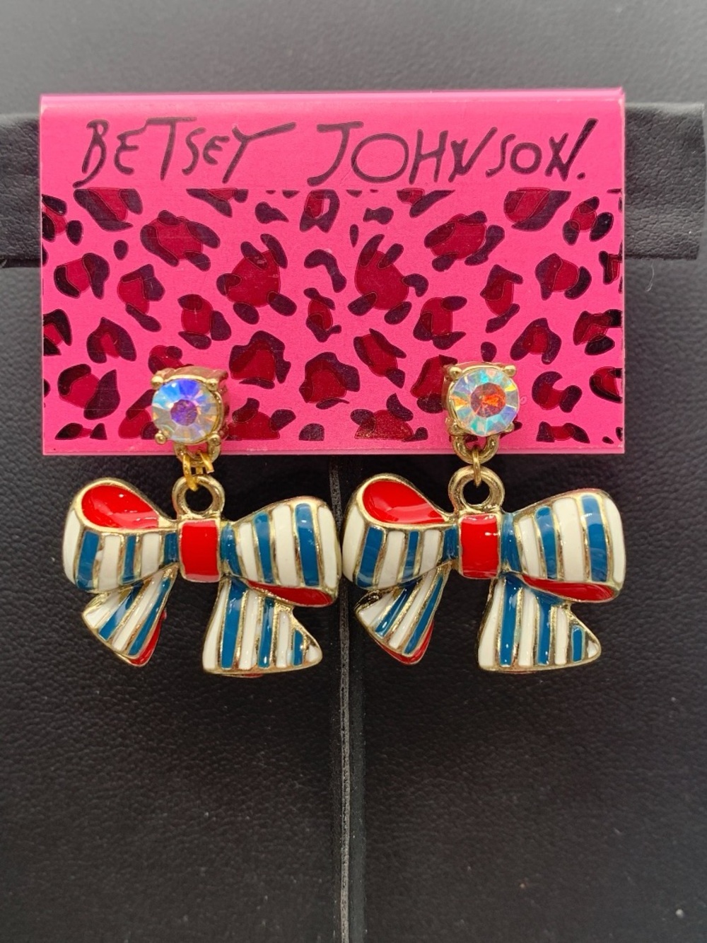 Betsey Johnson Red, White & Blue Stripe Bow Drop pierced Earrings